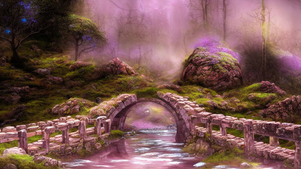 Whimsical landscape with stone bridge over pink stream surrounded by vibrant foliage