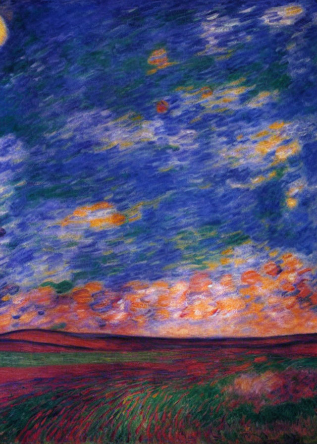 Impressionist Painting: Swirling Blue Sky, Sunset Clouds, Dark Foreground