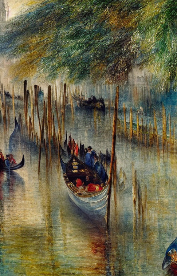 Colorful Venetian Canal Painting with Gondolas and Mooring Poles