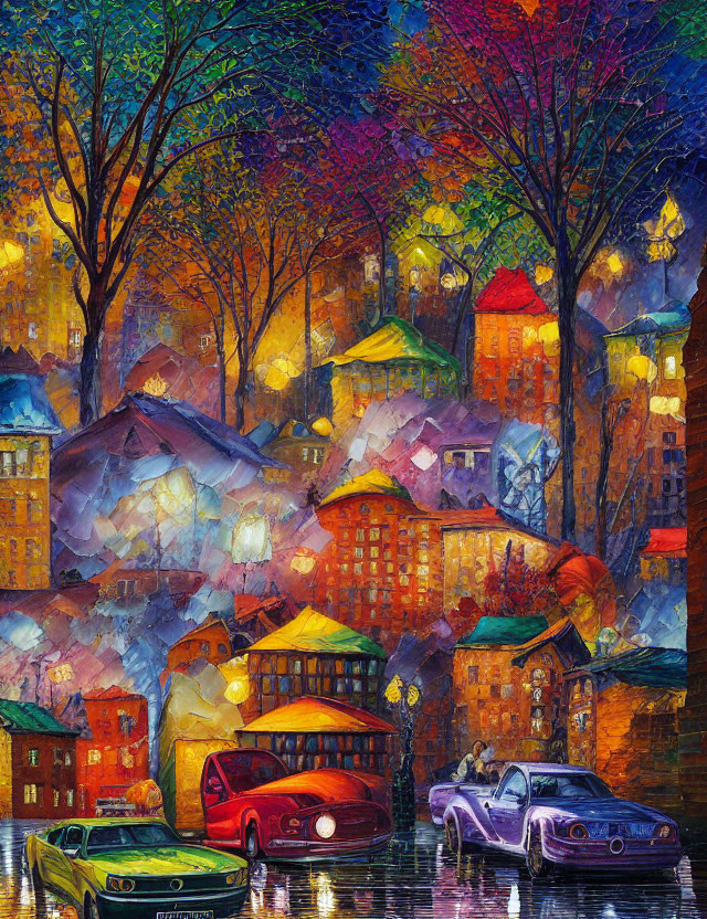 Colorful painting: Quaint village at night with vintage cars and illuminated windows