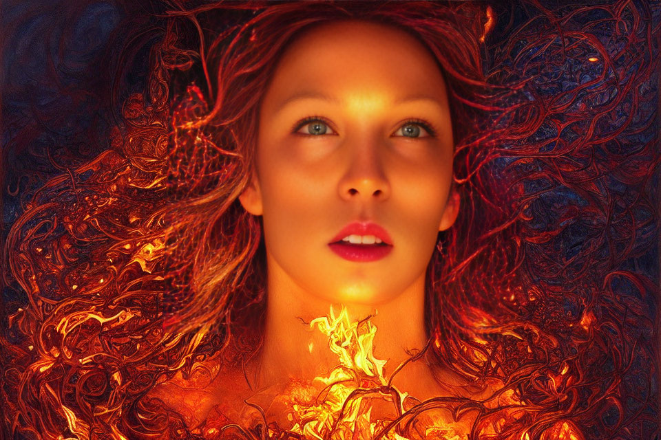 Fiery red-haired woman surrounded by flame-like patterns in warm setting