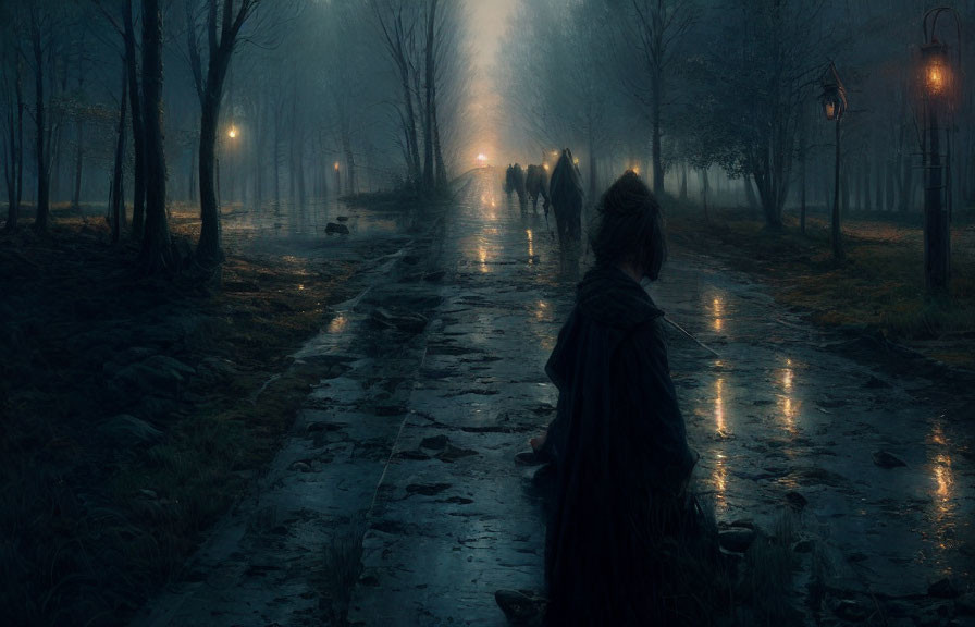 Twilight scene of person on misty cobblestone path at lamp-lit dusk