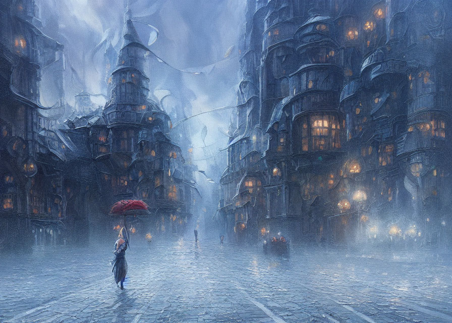 Solitary figure walking on misty cobblestoned street at dusk