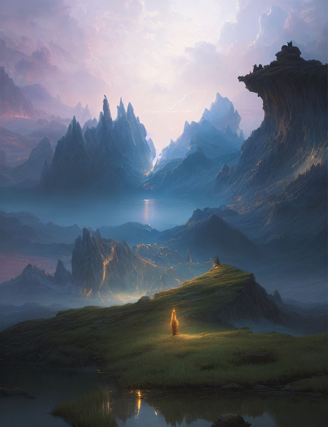 Figure standing on grassy terrain by serene lake with mountains and sunrise