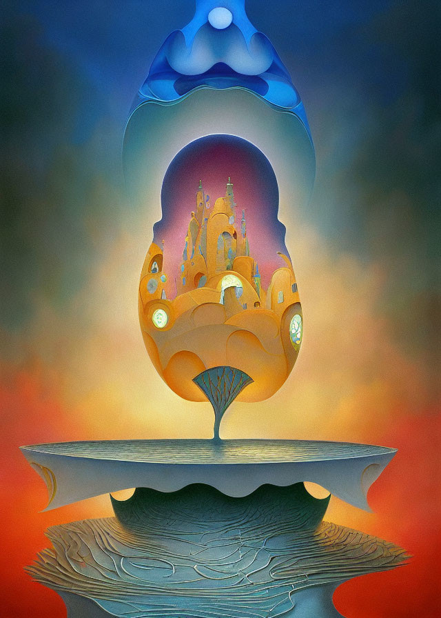 Colorful surreal art: Floating island on giant seashell pillar