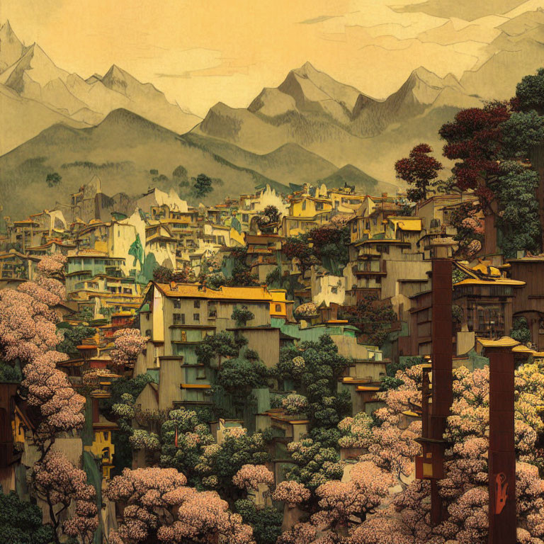 Asian village with cherry blossoms and mountains view