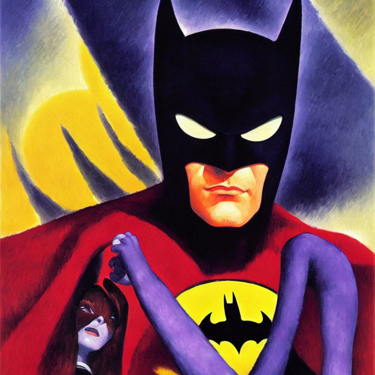 Dynamic Batman and Batwoman duo in iconic costumes on vibrant backdrop