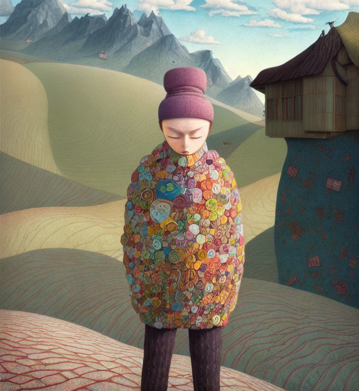 Vibrantly patterned coat and purple beanie in surreal landscape