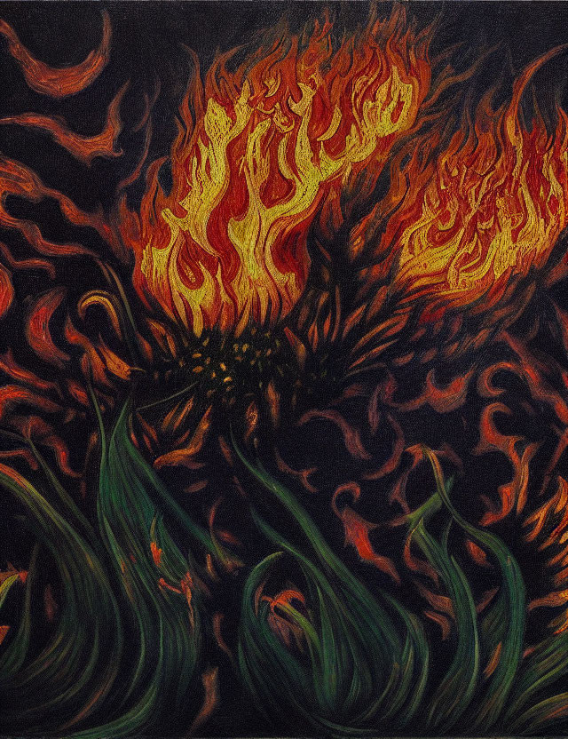 Colorful painting of flames and plant-like forms on black backdrop