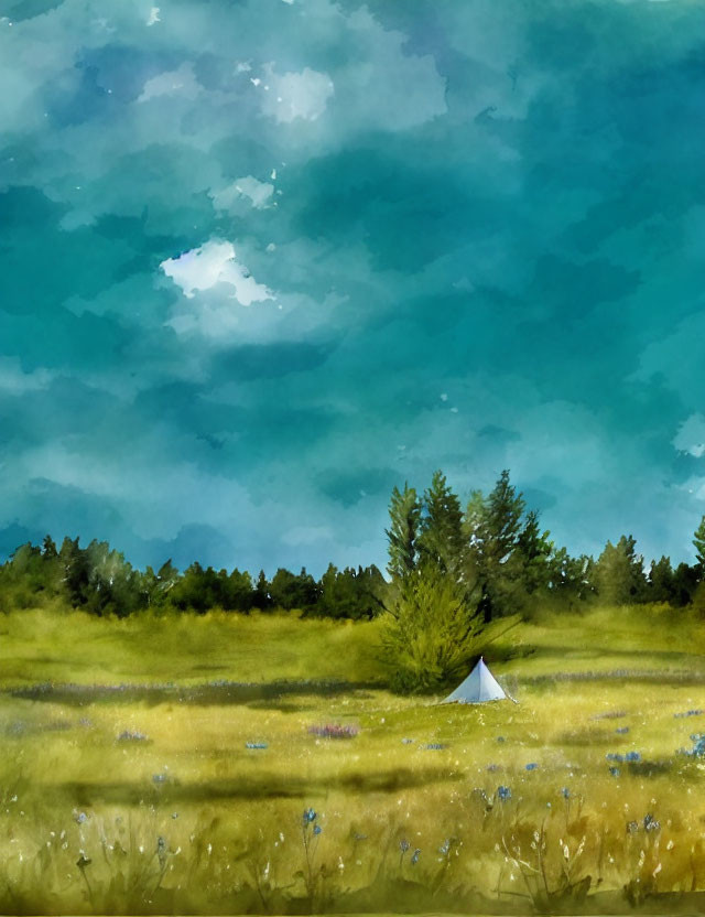 Tranquil landscape with solitary tent in flower-filled field