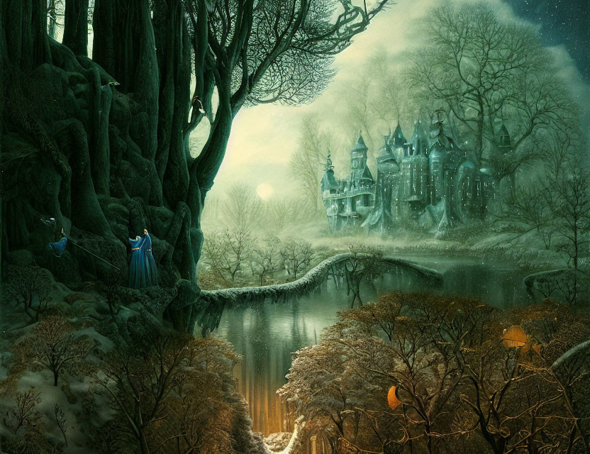 Mystical landscape with woman, castle, lake, and moon