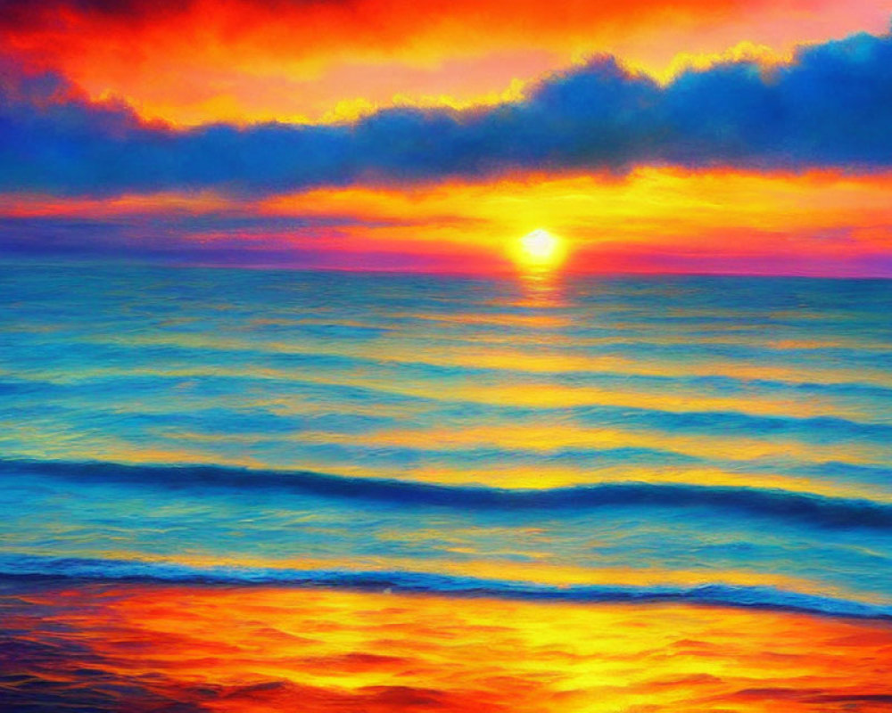 Scenic sunset with blue and orange hues over calm ocean waves
