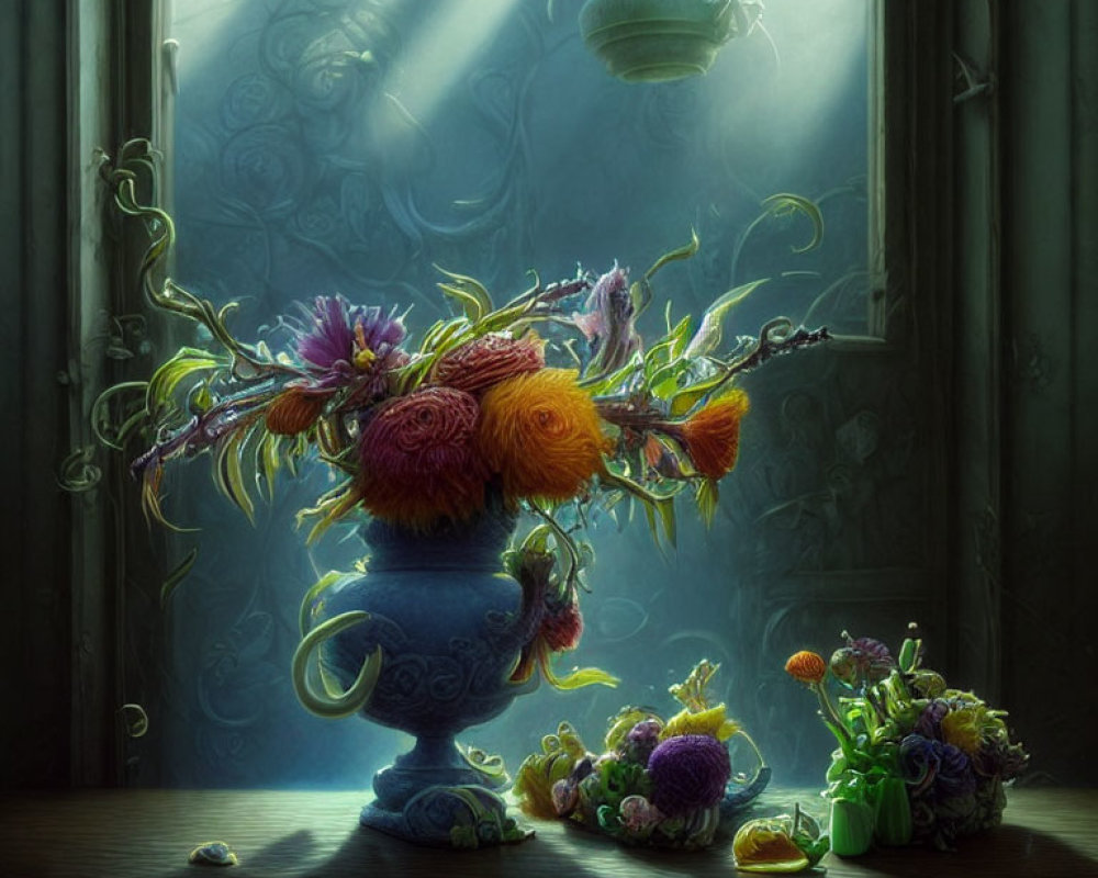 Colorful Still Life Painting of Bouquet in Blue Vase with Sunlight and Kettle