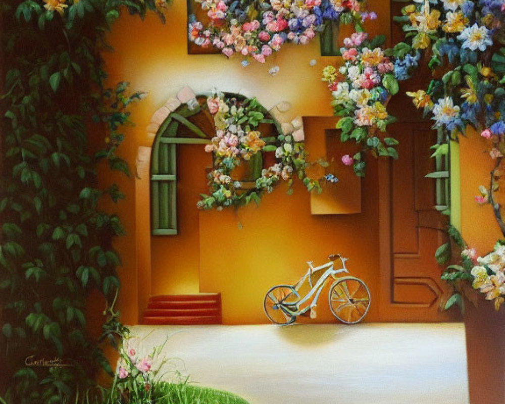 Yellow house with vibrant flowers and bicycle at entrance