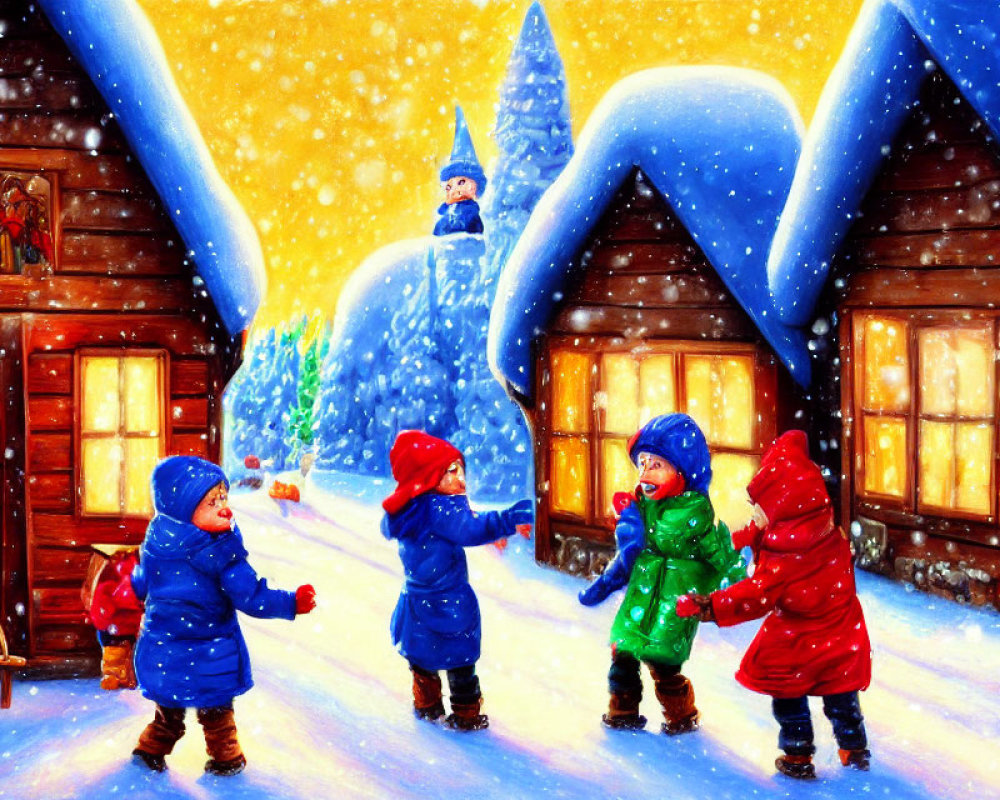 Vibrant winter scene with children playing in snow by cozy houses