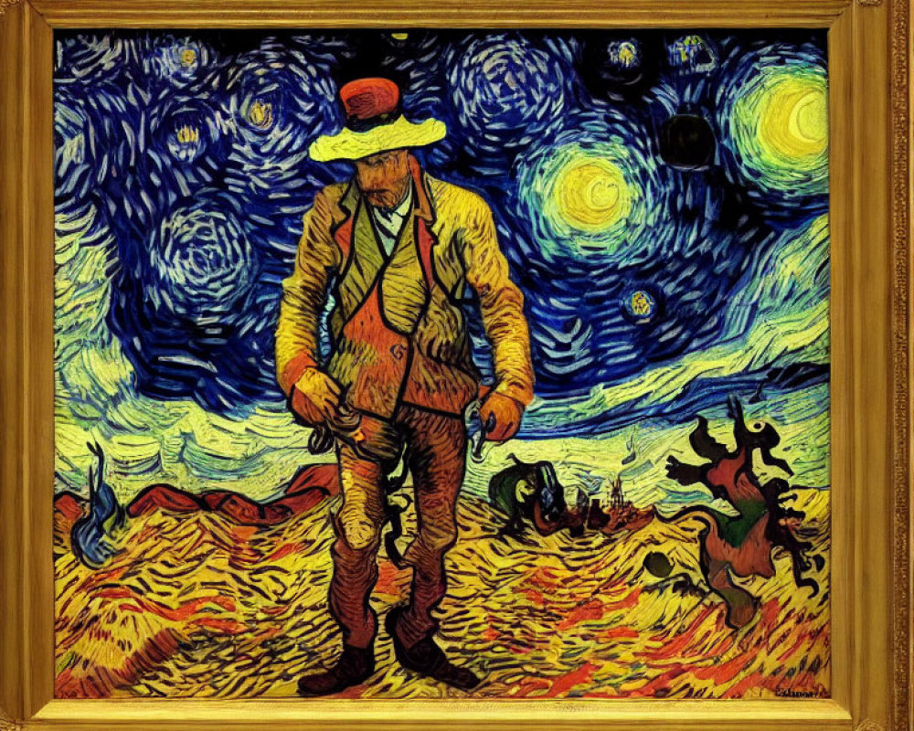 Digitally altered painting merges "Starry Night" with walking man in straw hat