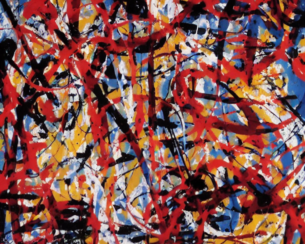 Vibrant chaotic abstract painting with red, blue, white, and yellow streaks on dark background