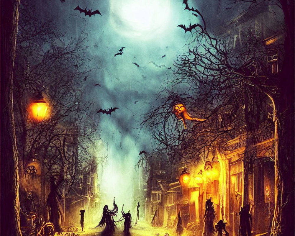 Eerie full moon street scene with bats, orange lights, silhouettes, and misty atmosphere