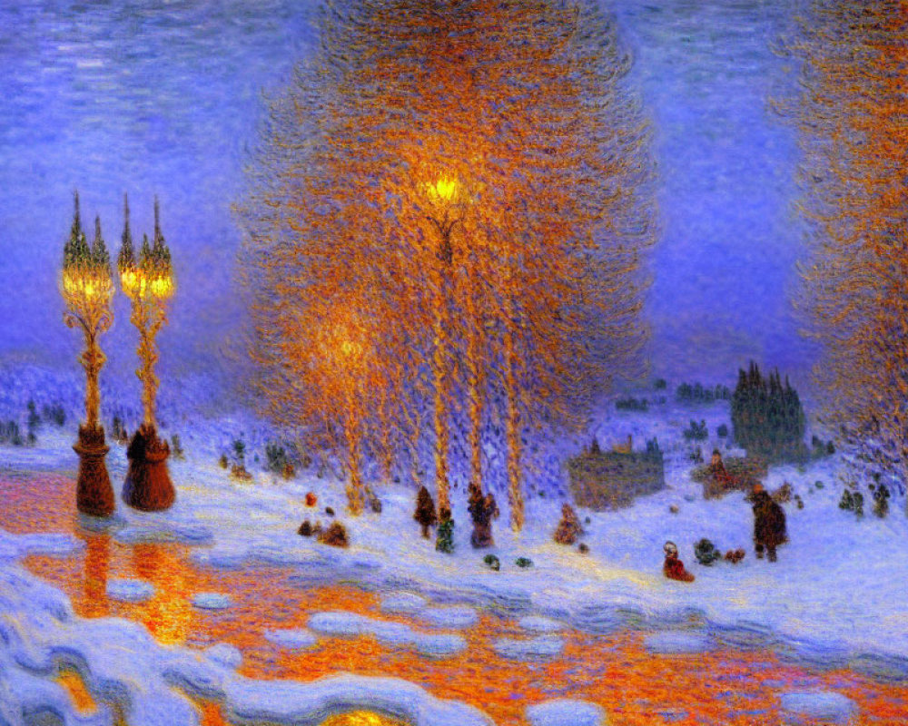 Wintry Night Scene Painting with Golden-Lit Trees & Strolling Figures