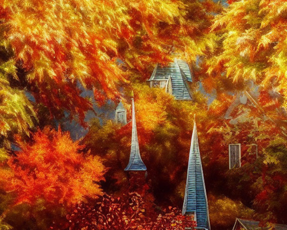 Vibrant autumn landscape with orange and red foliage and quaint houses.