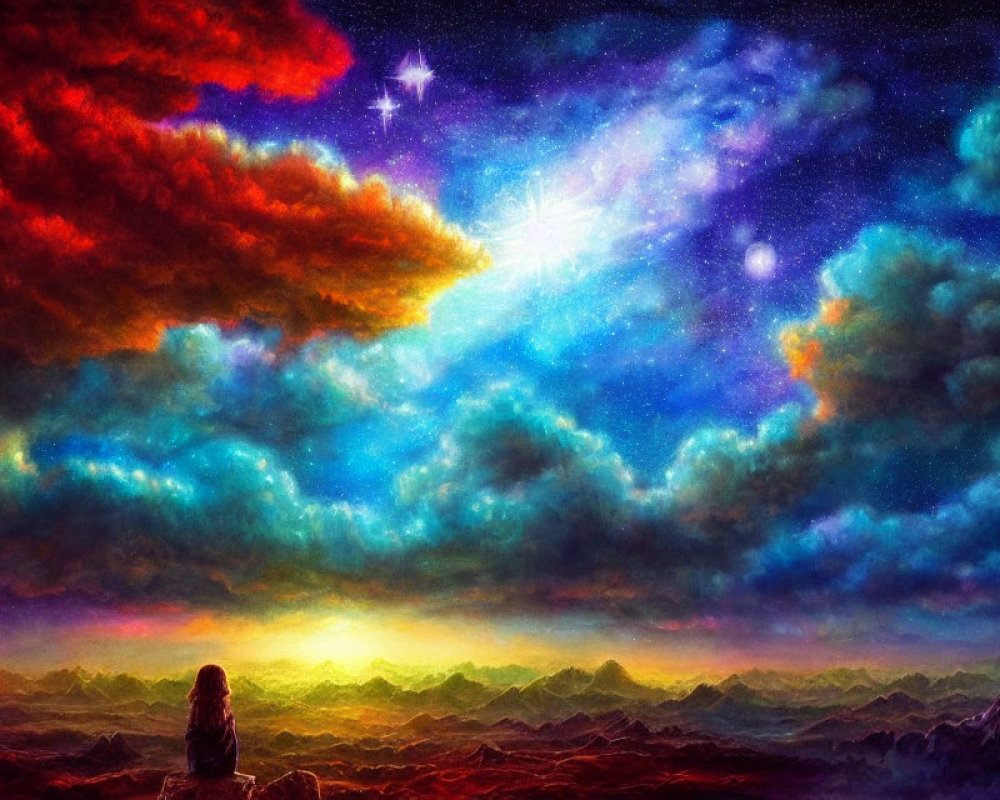 Person admiring vibrant cosmic sky with stars, nebulae, and colorful clouds