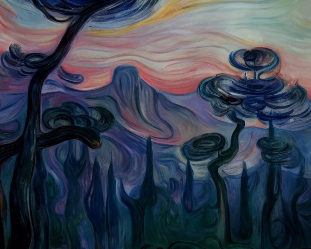 Vibrant Van Gogh-style painting with swirling skies and abstract trees
