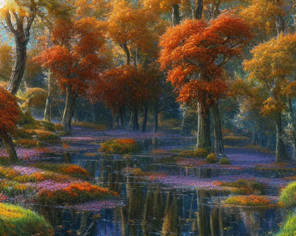 Autumn woodland landscape with colorful trees, pond reflection, wildflowers, and golden leaves