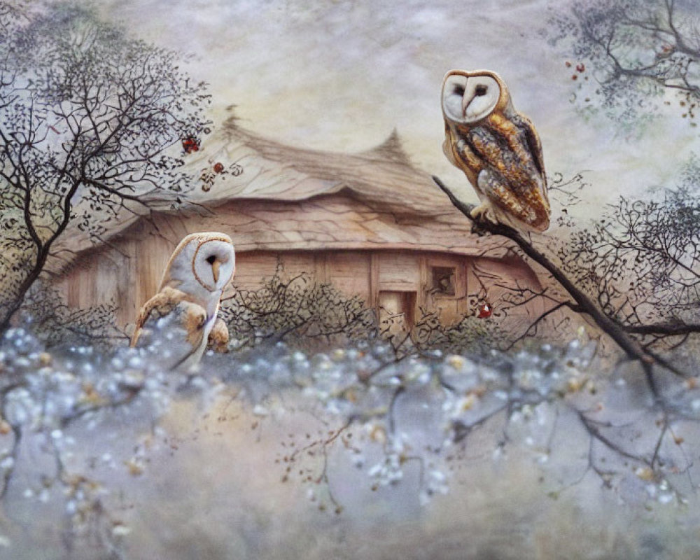 Owls on blooming branches with traditional house in misty landscape