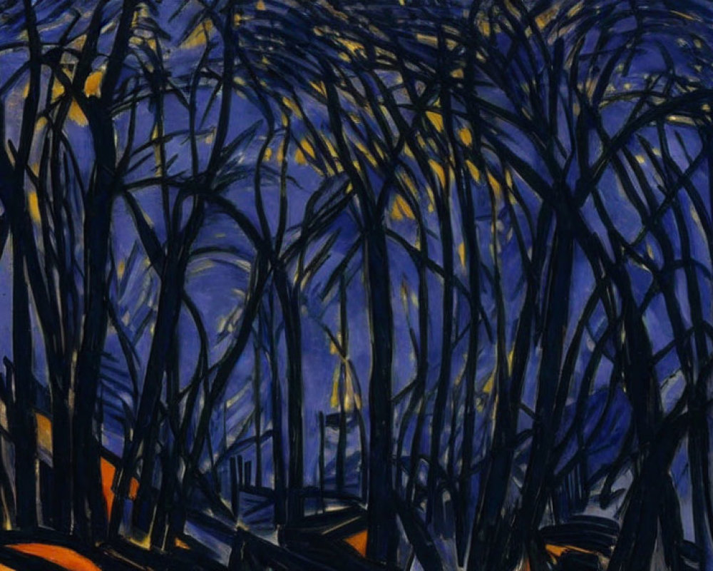 Night Scene Painting with Luminous Yellow Moon and Swirling Tree Branches