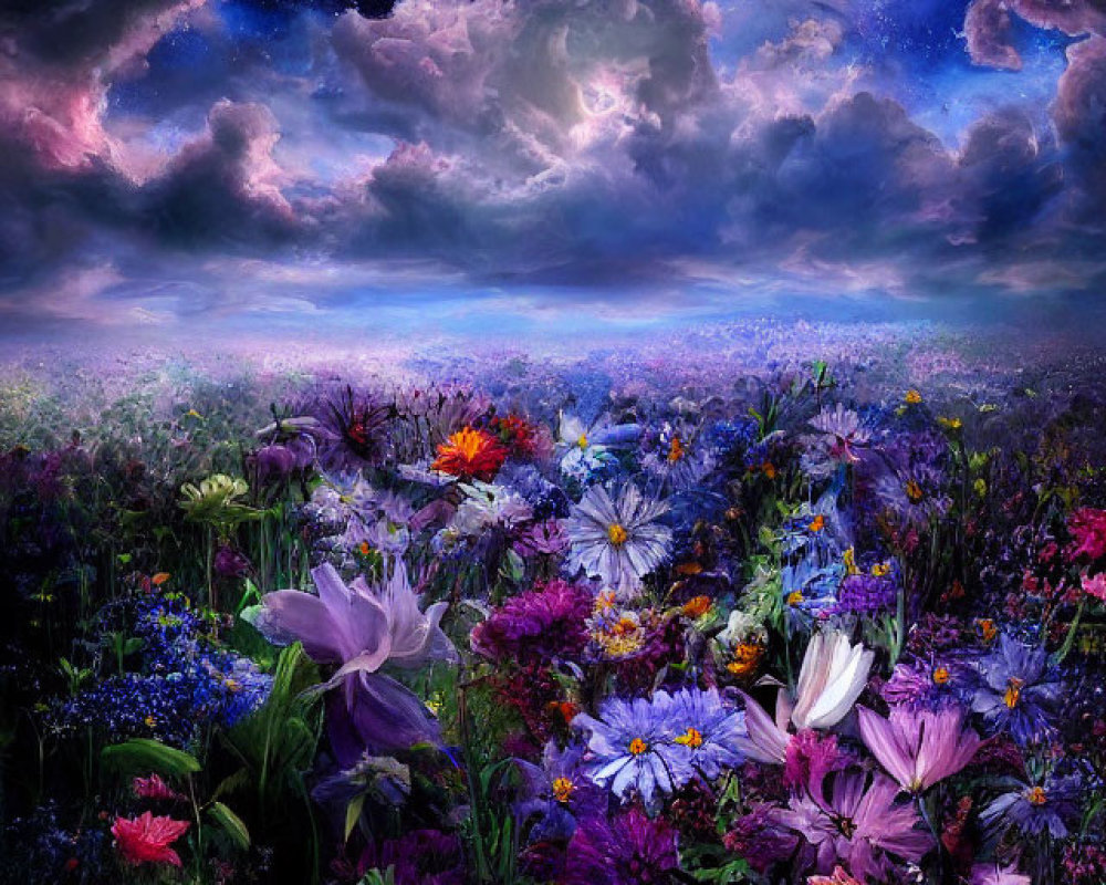 Colorful Flowers in Night Sky with Stars and Clouds