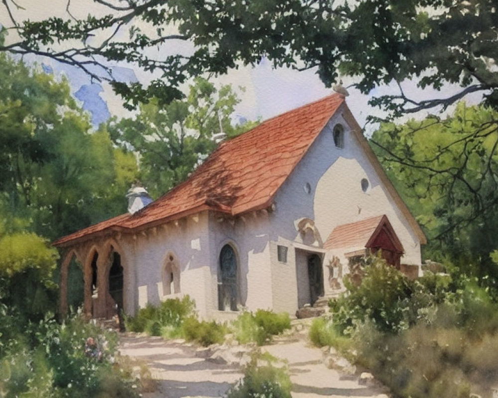 Charming watercolor painting of small cottage in lush greenery