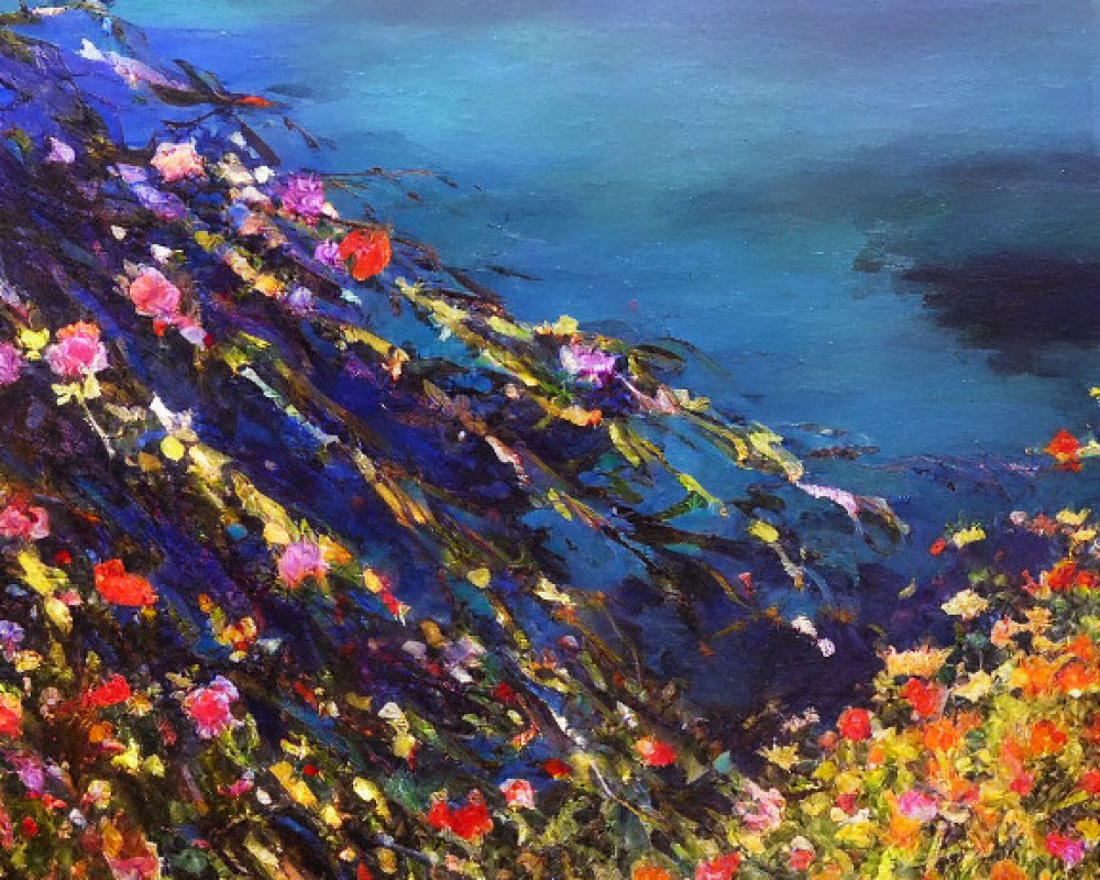 Colorful Flower-Covered Hillside by Calm Blue Sea