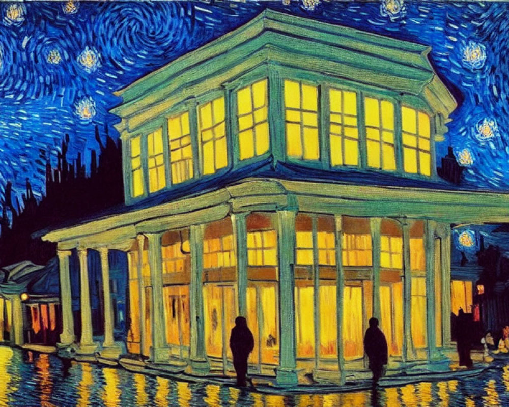 Nighttime café painting with swirling stars and silhouetted figures