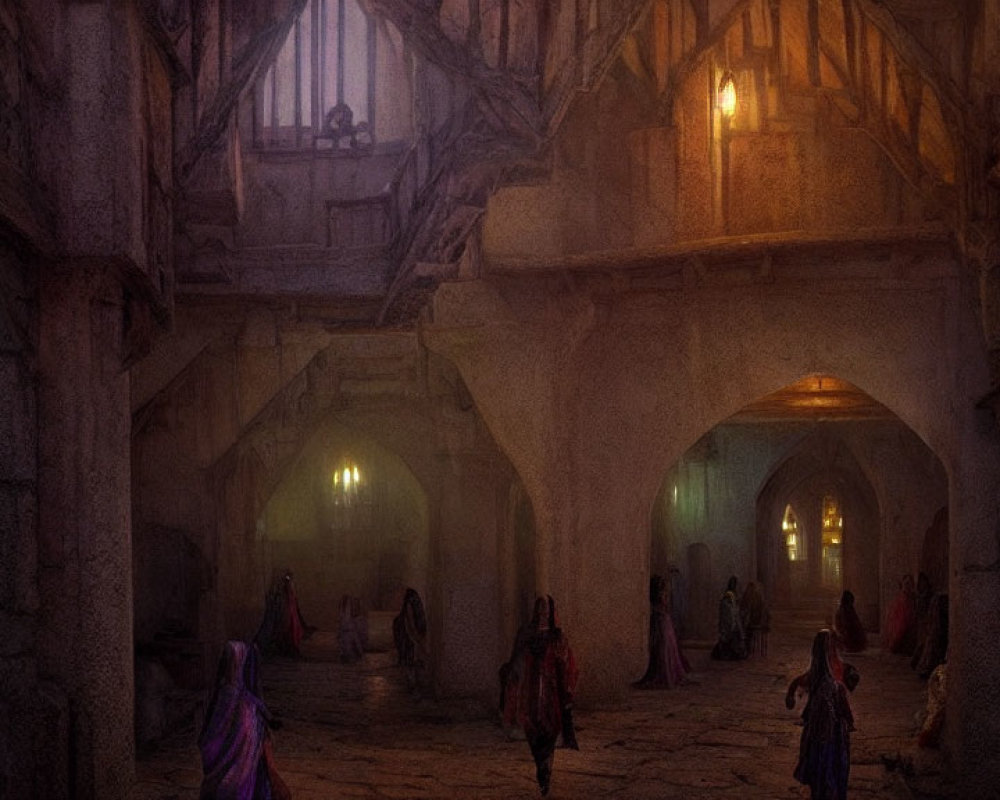 Medieval corridor with arches, stone walls, figures in cloaks, warm light.