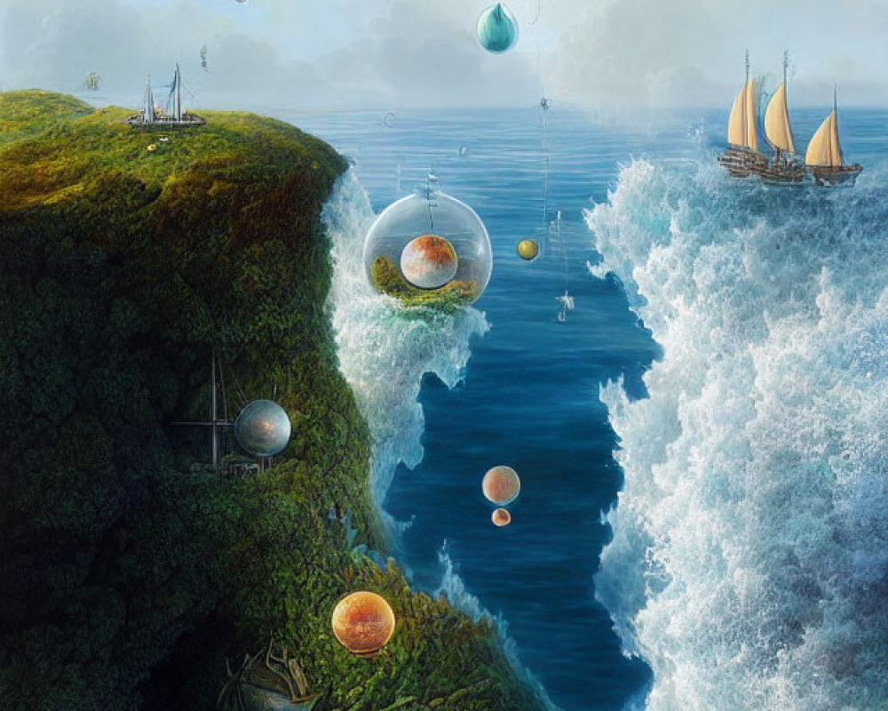 Surreal landscape featuring floating orbs, sailing ship, sea divide, cliffs, and lush greenery