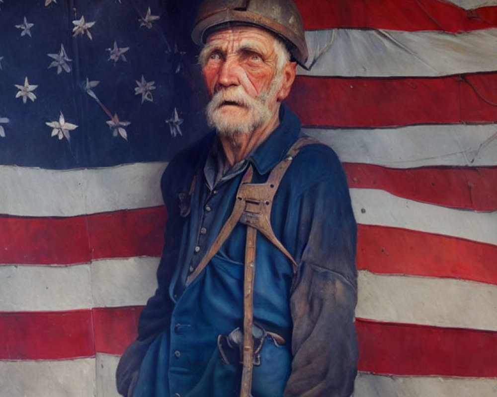 Elderly man in blue attire standing by American flag