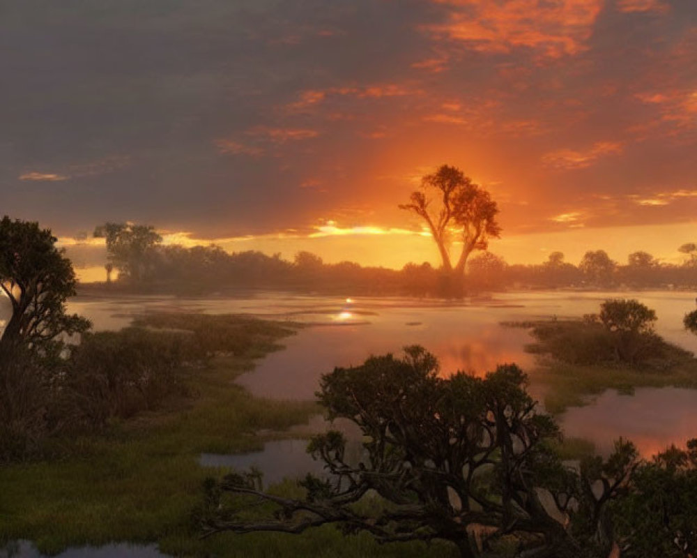 Tranquil wetland sunset with silhouetted trees and vibrant sky