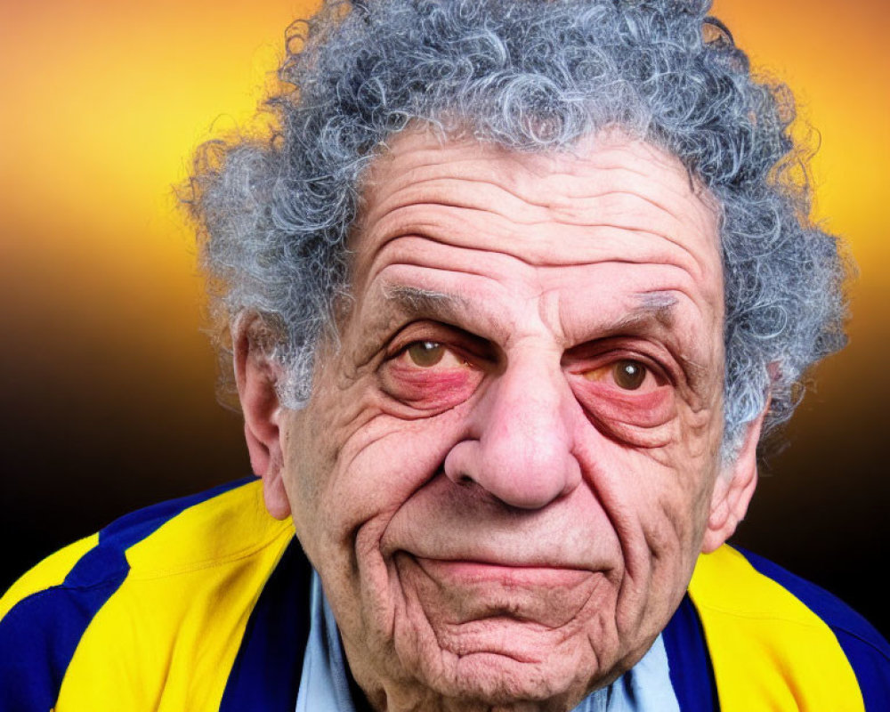 Elderly Man with Curly Gray Hair and Skeptical Expression on Gradient Background