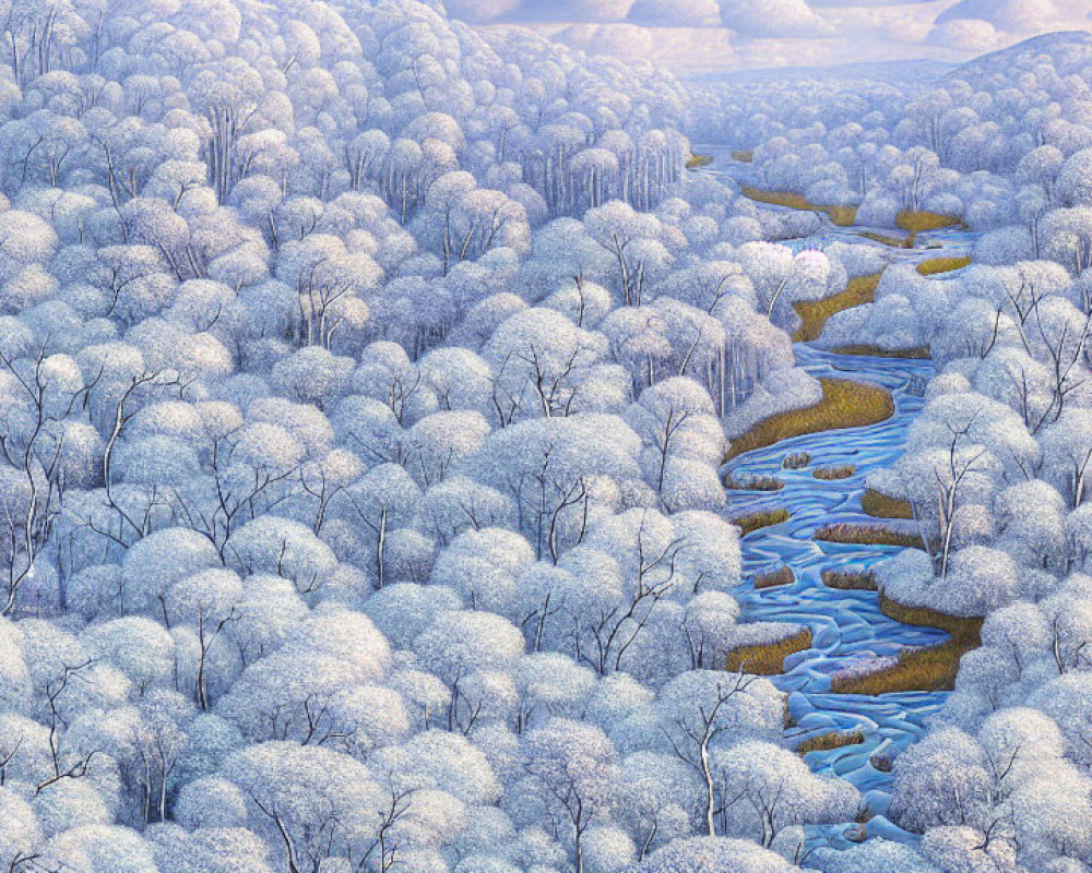 Snow-covered forest and river in serene winter landscape