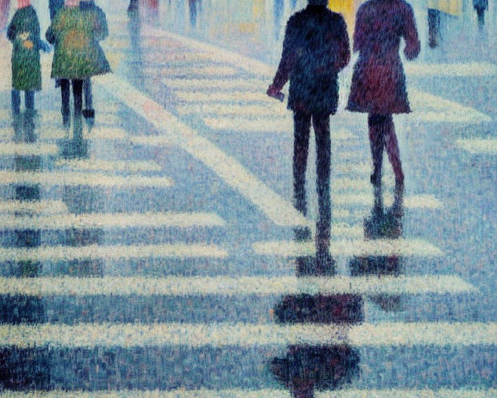 Pedestrians with umbrellas on wet zebra-striped road in rainy cityscape