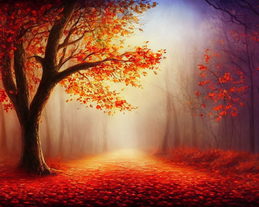 Vibrant orange and red-leafed tree in misty autumn forest