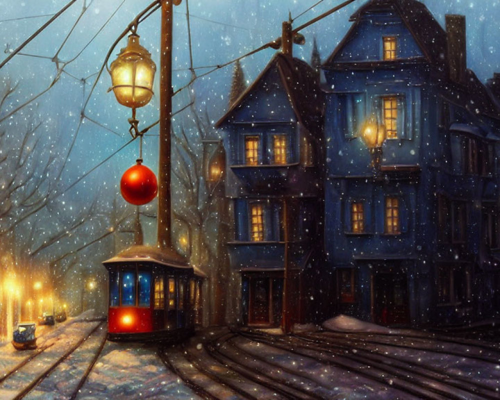 Vintage tram on snow-covered street at night past Victorian-style homes
