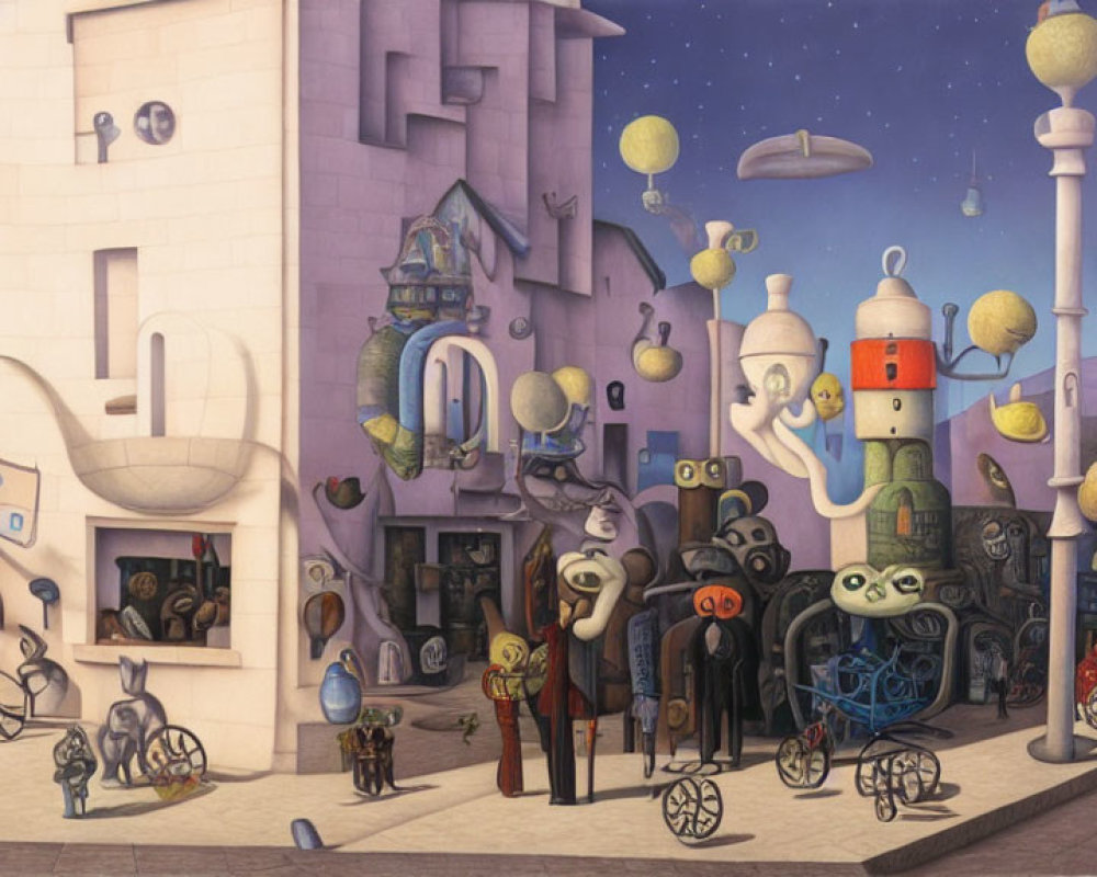 Whimsical anthropomorphic cityscape with floating teapots and surreal creatures