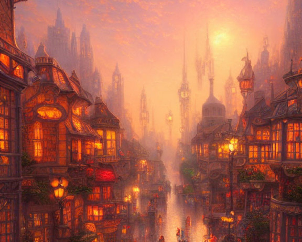 Golden sunset cityscape with illuminated buildings and cobbled street