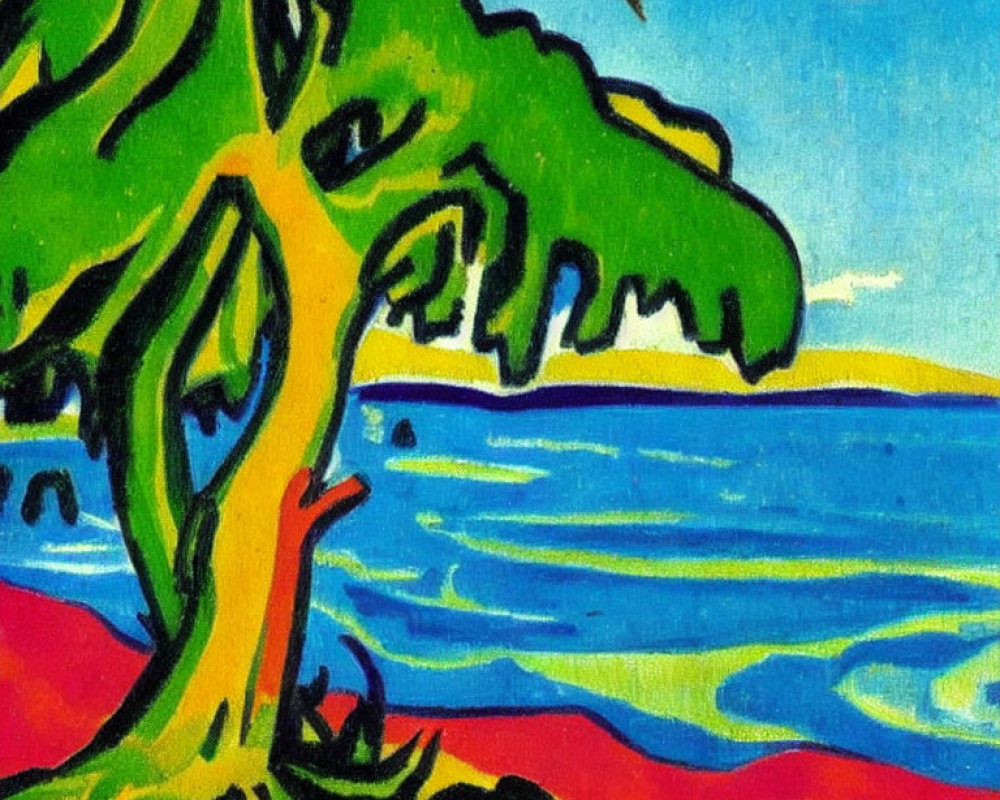 Colorful beach scene painting with bent tree, blue sea, yellow sand, and red sun in vibrant