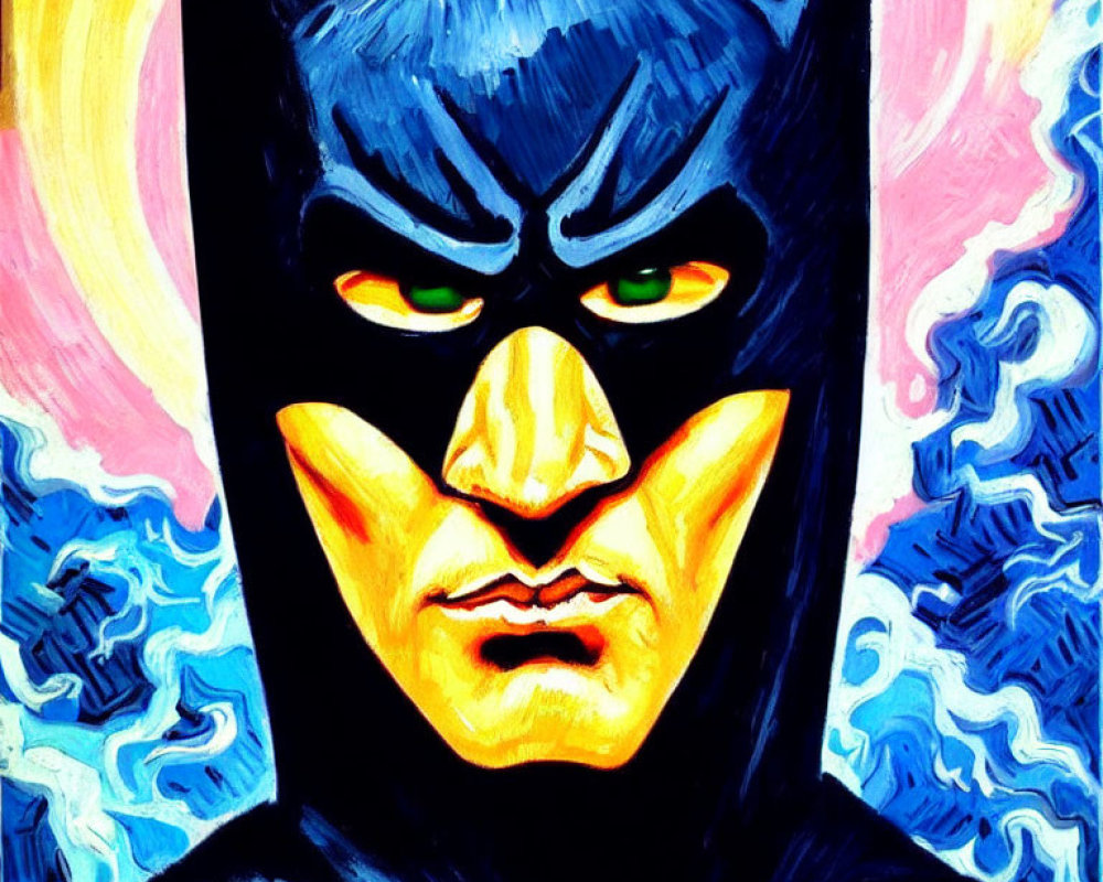 Vivid Batman painting with swirling Van Gogh-style background