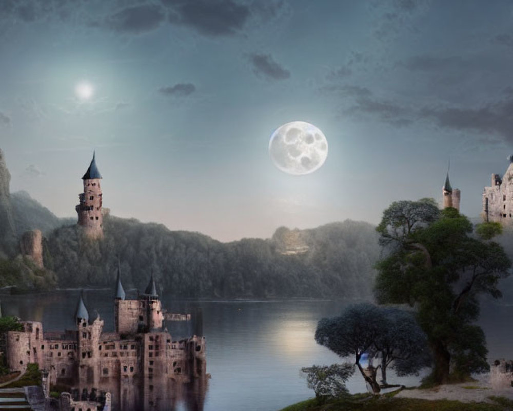 Mystical twilight landscape with full moon over illuminated castle by lake