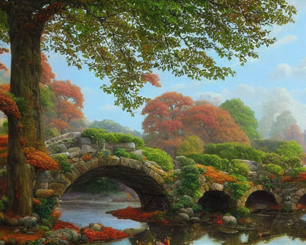 Tranquil river scene with stone bridge and colorful autumn foliage
