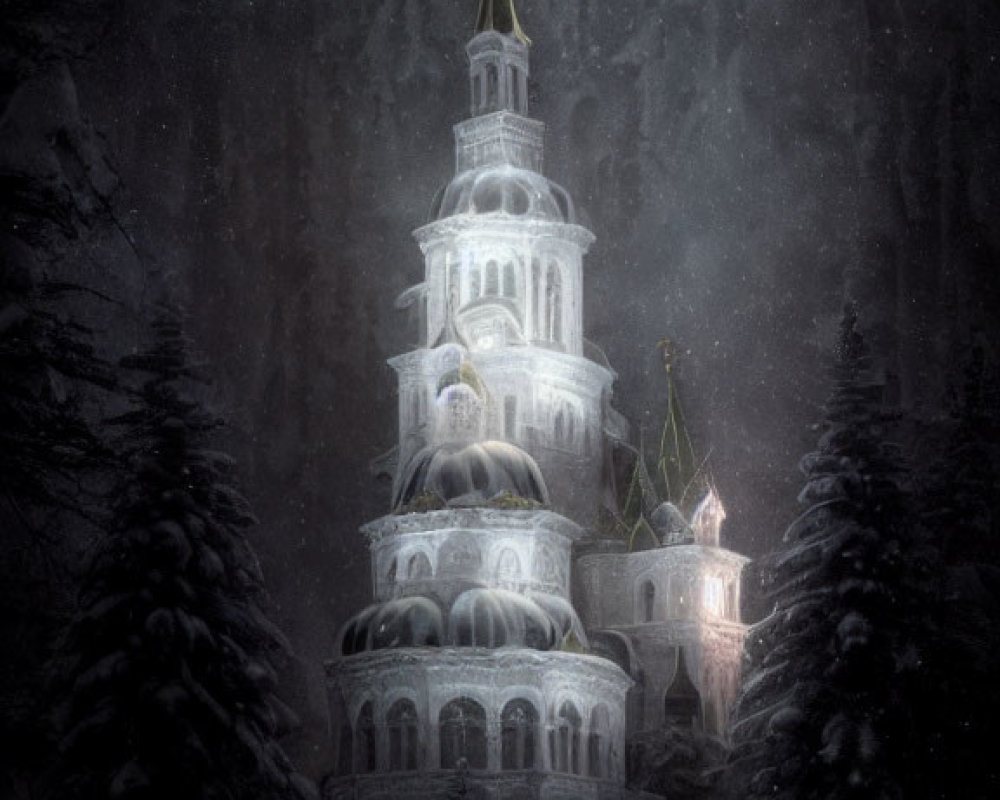 Fantasy castle at night in snowy winter scene