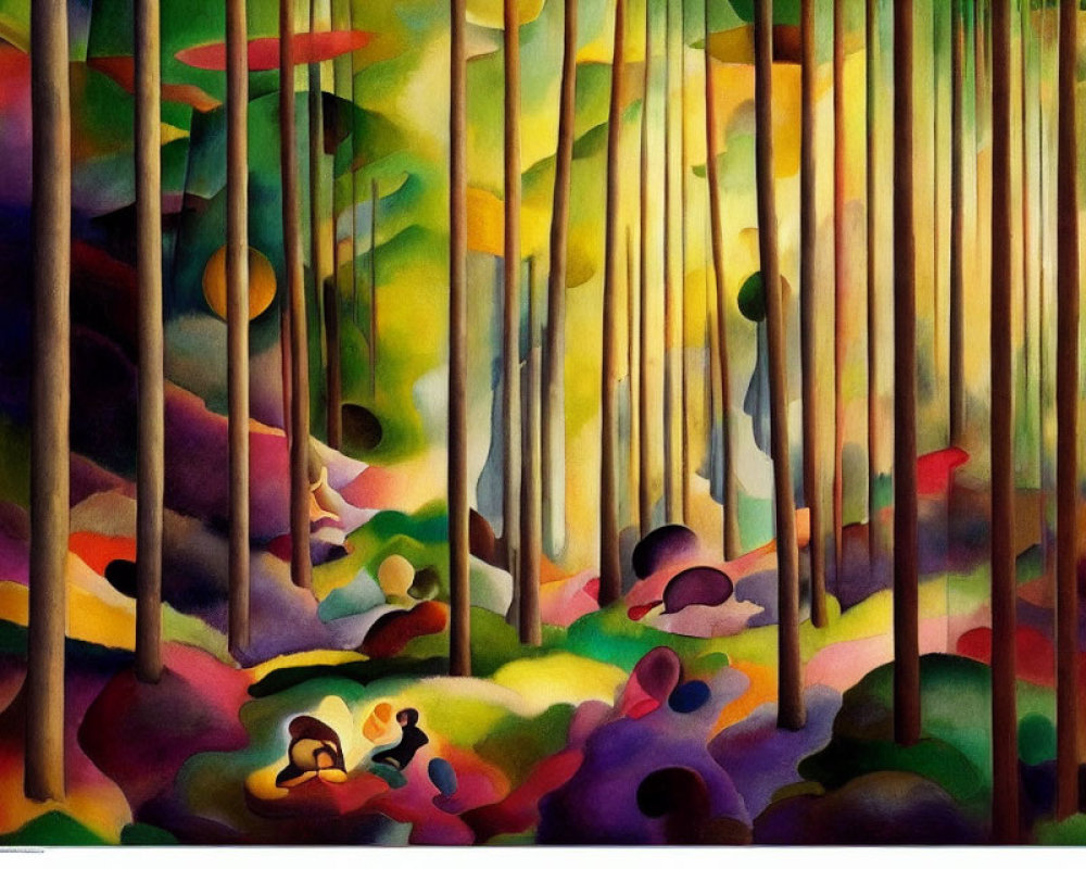 Vibrant abstract forest painting with stylized trees and dappled light